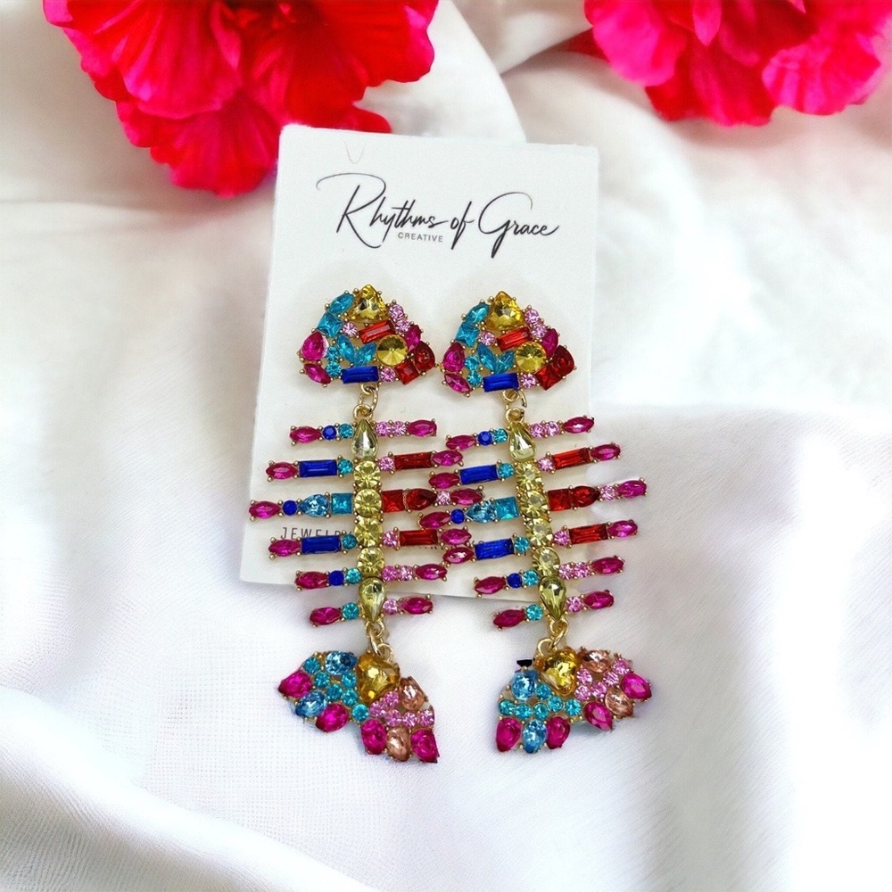 Bright Rainbow Rhinestone Earrings – Fishbone Dangles, Trendy Statement Jewelry - Picture 5 of 5